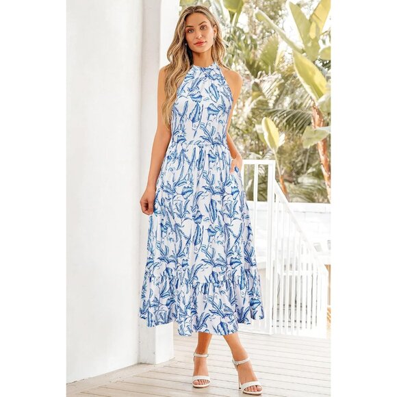 Women’s Flowy Summer Maxi Dress Floral Halter Pockets Casual Vacation - Picture 2 of 8